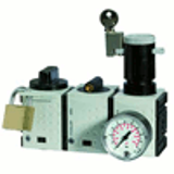 Safety service unit sets, comprising a ball valve with silencer, start-up valve and pressure regulator